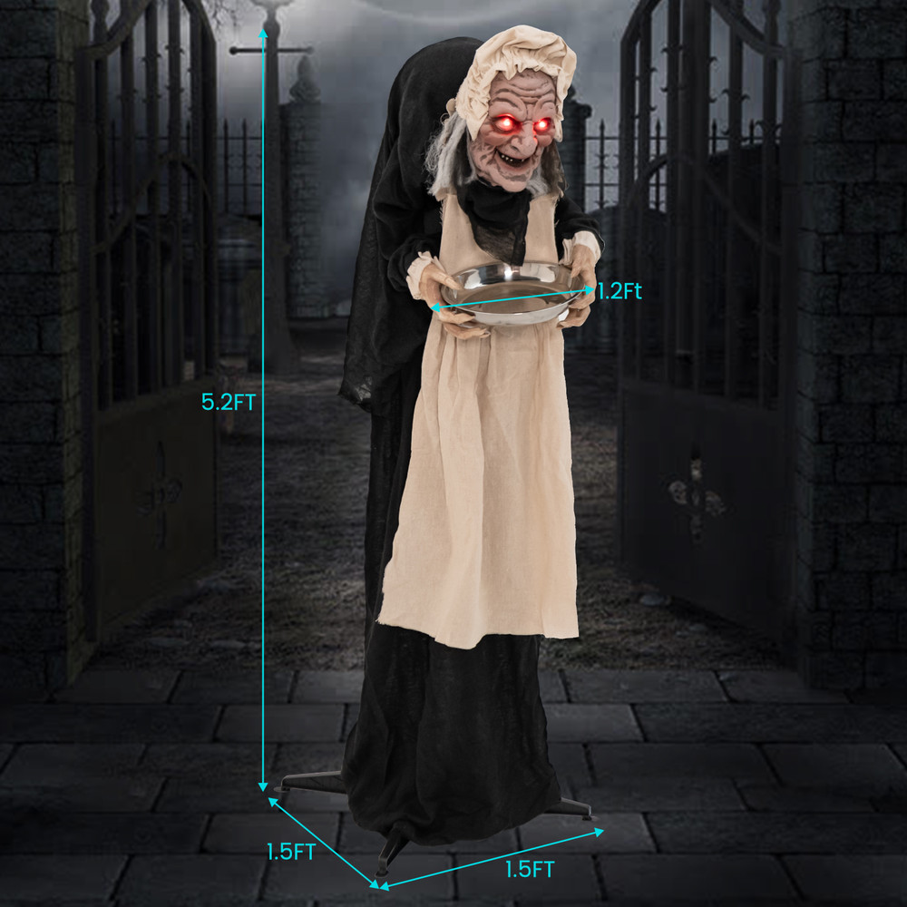 5.2 Feet Halloween Animated Standing Greeter Old Lady with Candy Dish, Life-Size Motion Sensor Prop for Scary Decor