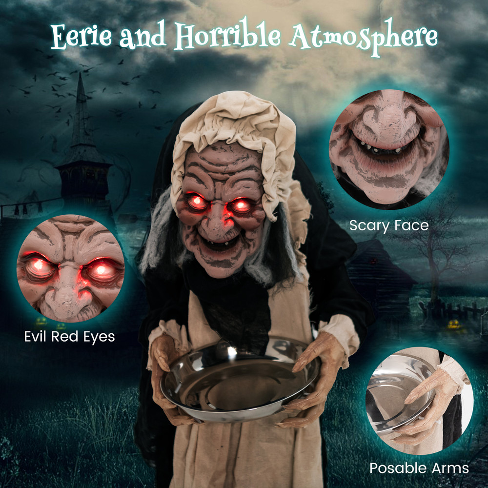 5.2 Feet Halloween Animated Standing Greeter Old Lady with Candy Dish, Life-Size Motion Sensor Prop for Scary Decor