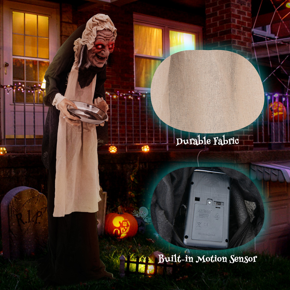 5.2 Feet Halloween Animated Standing Greeter Old Lady with Candy Dish, Life-Size Motion Sensor Prop for Scary Decor