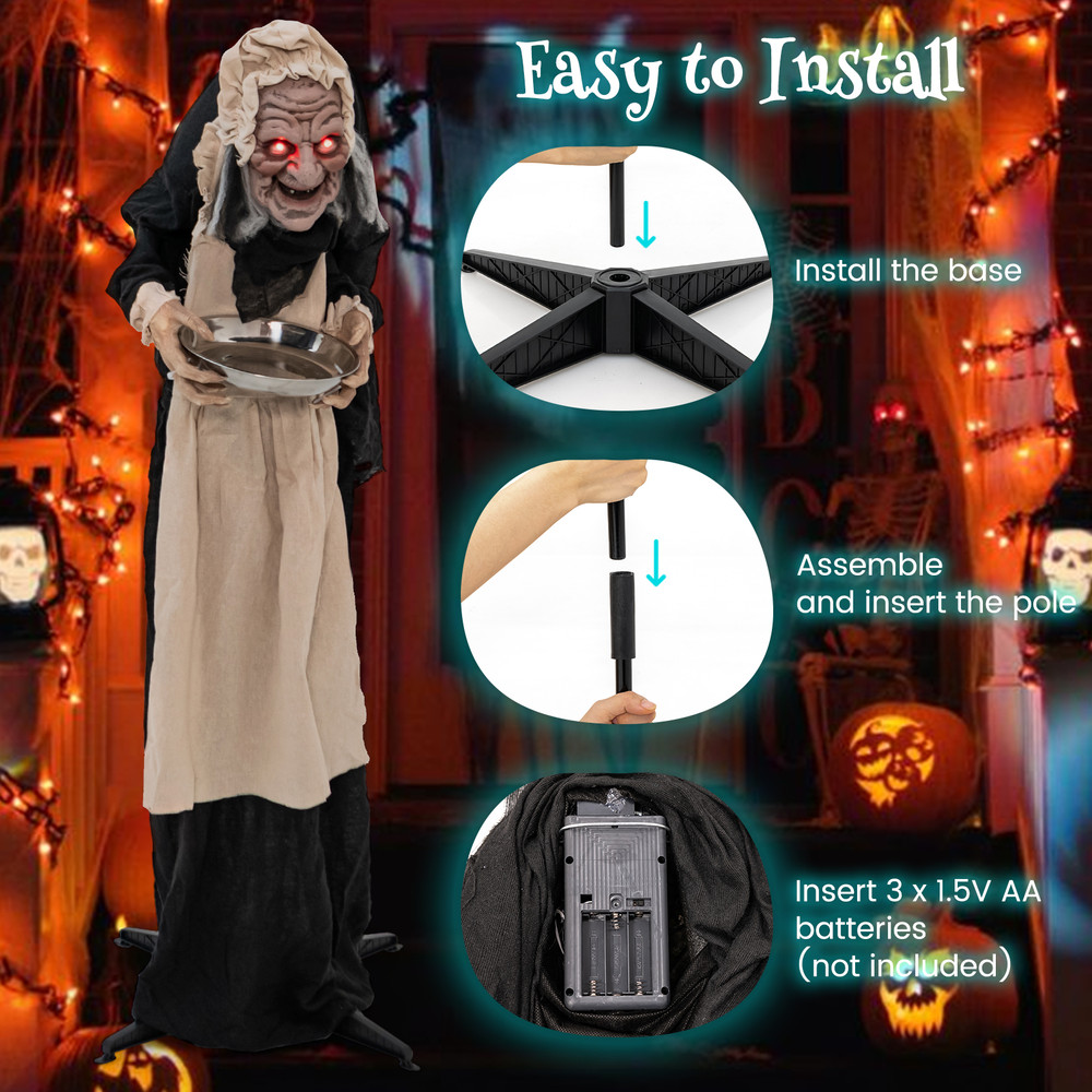 5.2 Feet Halloween Animated Standing Greeter Old Lady with Candy Dish, Life-Size Motion Sensor Prop for Scary Decor
