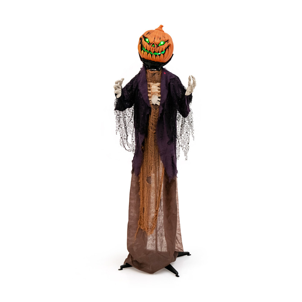 5.6 Feet Halloween Animated Standing Pumpkin Scarecrow with Glowing Eyes & Sound, Indoor Outdoor Spooky Halloween Prop