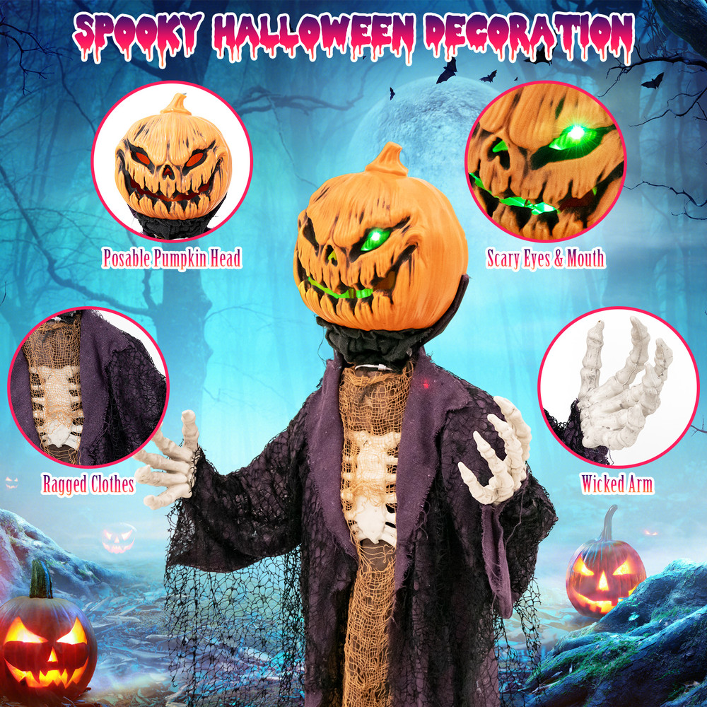 5.6 Feet Halloween Animated Standing Pumpkin Scarecrow with Glowing Eyes & Sound, Indoor Outdoor Spooky Halloween Prop