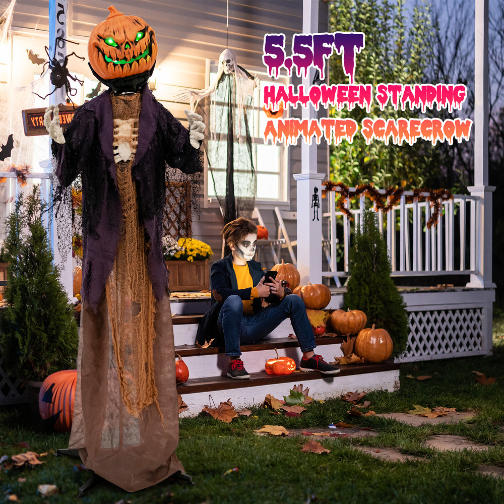 5.6 Feet Halloween Animated Standing Pumpkin Scarecrow with Glowing Eyes & Sound, Indoor Outdoor Spooky Halloween Prop