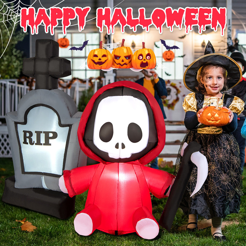 5FT Inflatable Halloween Ghost Holding Sickle & Tombstone, Light-Up Outdoor Yard Decoration for Trick-or-Treat, Lawn