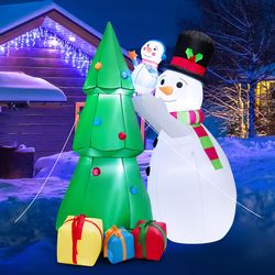 6 feet tall inflatable christmas snowman and tree decoration set with led lights, holiday yard blow-up with gift boxes
