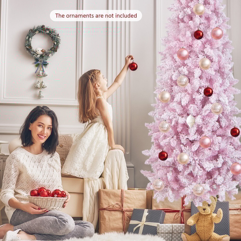 7 Feet Pre-Lit Snow Flocked Hinged Pencil Christmas Tree with 300 Warm White Lights & 8 Modes, Slim Artificial Tree