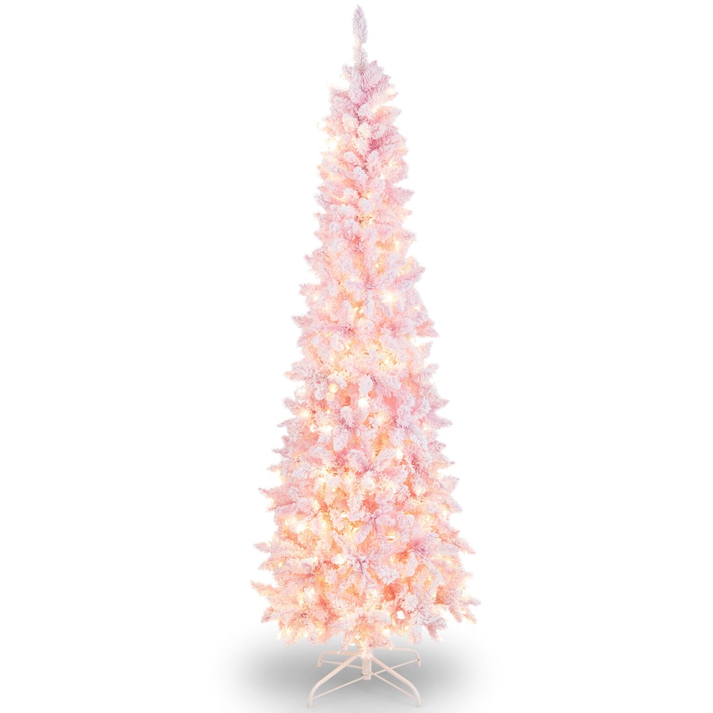 7 Feet Pre-Lit Snow Flocked Hinged Pencil Christmas Tree with 300 Warm White Lights & 8 Modes, Slim Artificial Tree