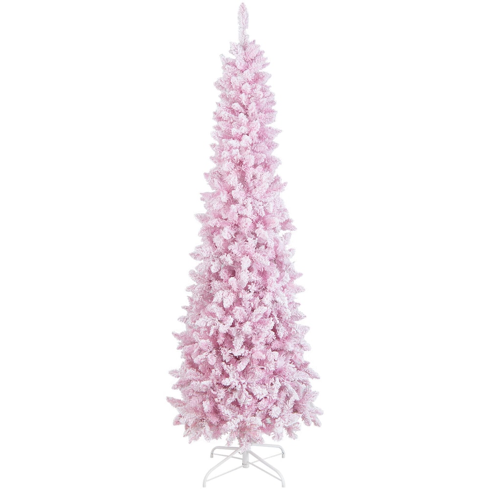 7 Feet Pre-Lit Snow Flocked Hinged Pencil Christmas Tree with 300 Warm White Lights & 8 Modes, Slim Artificial Tree