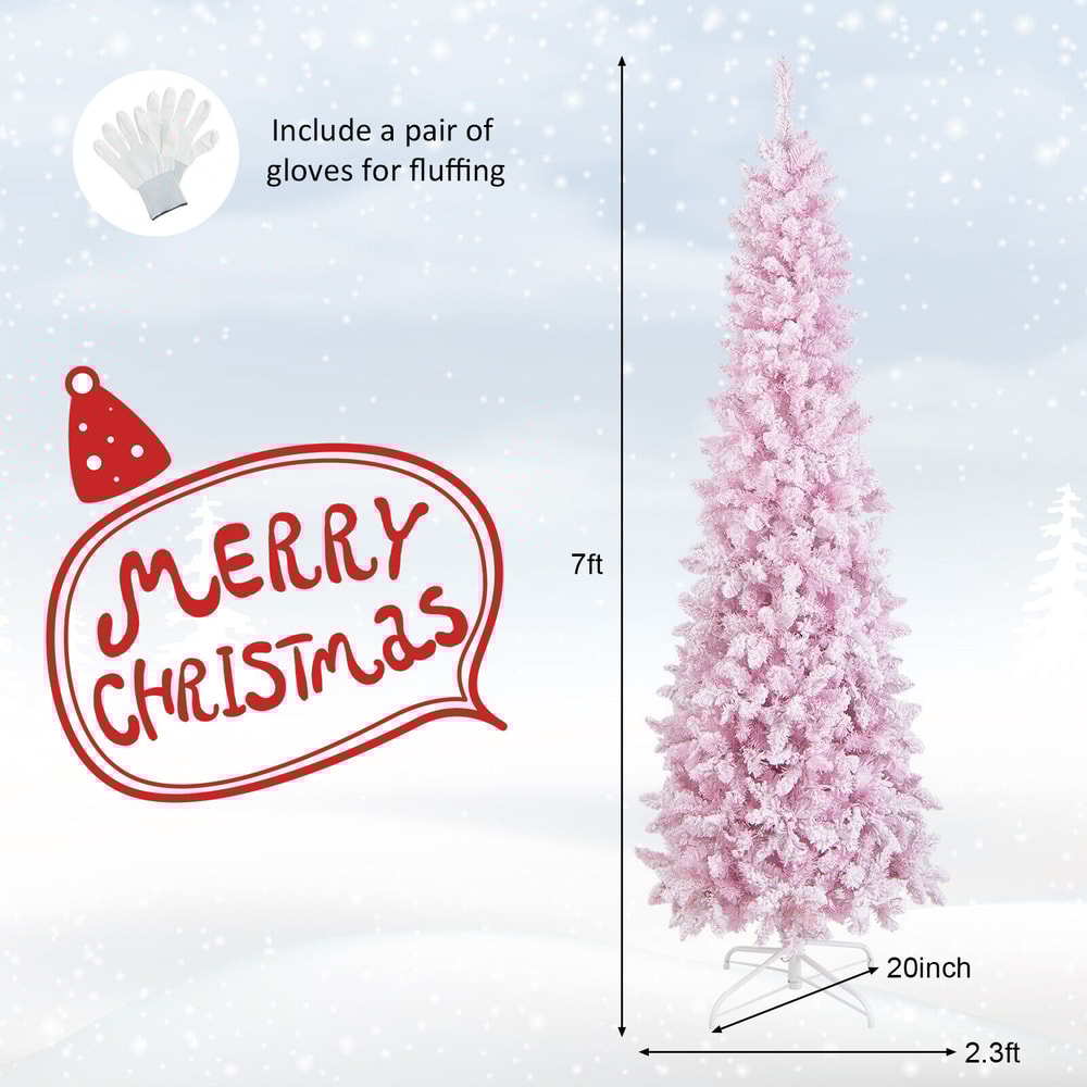 7 Feet Pre-Lit Snow Flocked Hinged Pencil Christmas Tree with 300 Warm White Lights & 8 Modes, Slim Artificial Tree