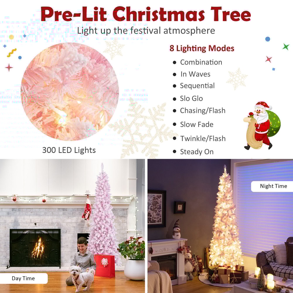 7 Feet Pre-Lit Snow Flocked Hinged Pencil Christmas Tree with 300 Warm White Lights & 8 Modes, Slim Artificial Tree