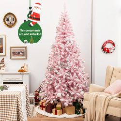 7.5 feet flocked christmas tree pink pre-lit artificial tree with led lights & hinged branches for home holiday decor