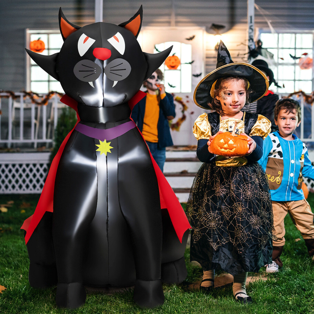 4.7 Feet Halloween Inflatable Vampire Cat with Red Cloak, Spooky LED Light-Up Decoration