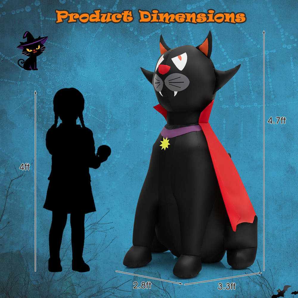 4.7 Feet Halloween Inflatable Vampire Cat with Red Cloak, Spooky LED Light-Up Decoration