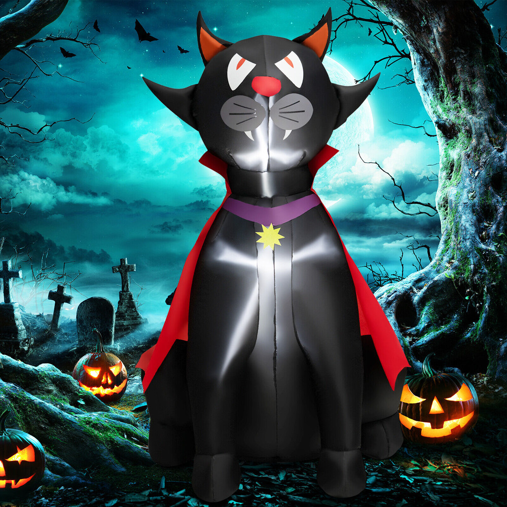 4.7 Feet Halloween Inflatable Vampire Cat with Red Cloak, Spooky LED Light-Up Decoration