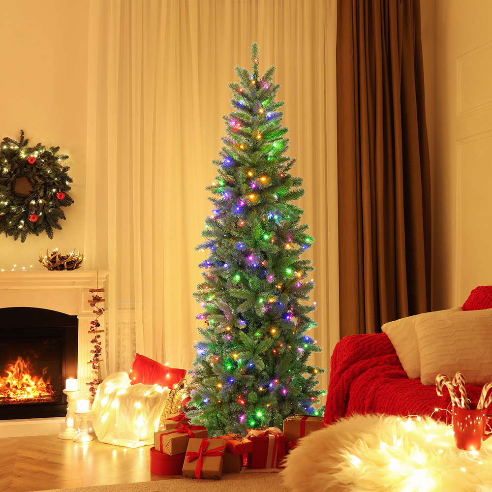 6ft Pre-Lit Artificial Christmas Pencil Tree with 648 PVC & PE Branch Tips, Slim LED Holiday Decor