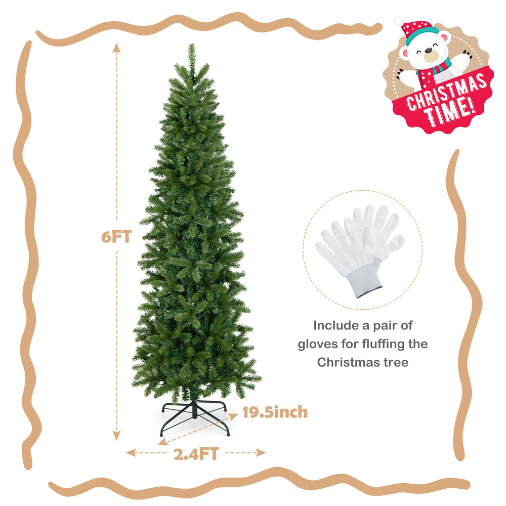 6ft Pre-Lit Artificial Christmas Pencil Tree with 648 PVC & PE Branch Tips, Slim LED Holiday Decor
