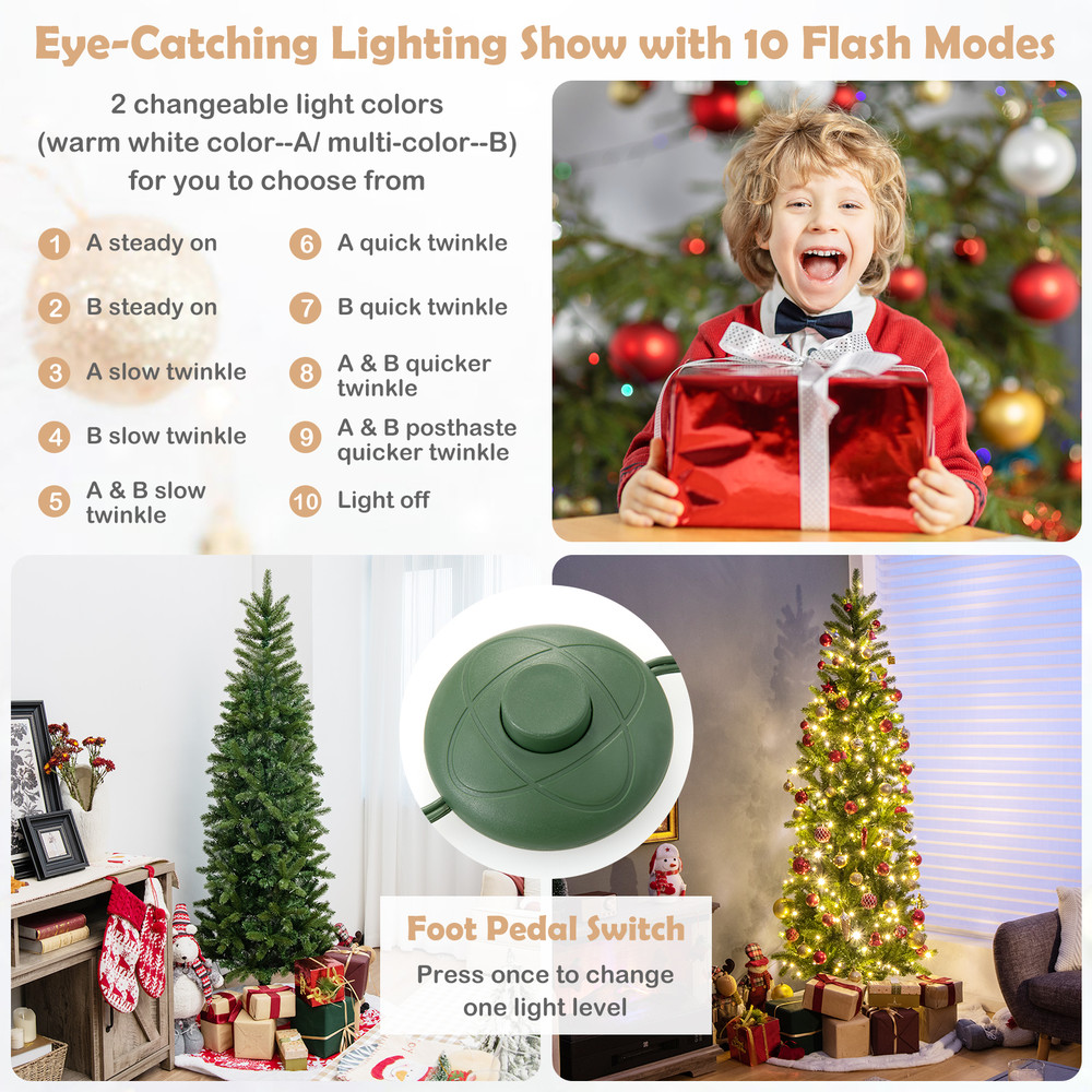 6ft Pre-Lit Artificial Christmas Pencil Tree with 648 PVC & PE Branch Tips, Slim LED Holiday Decor