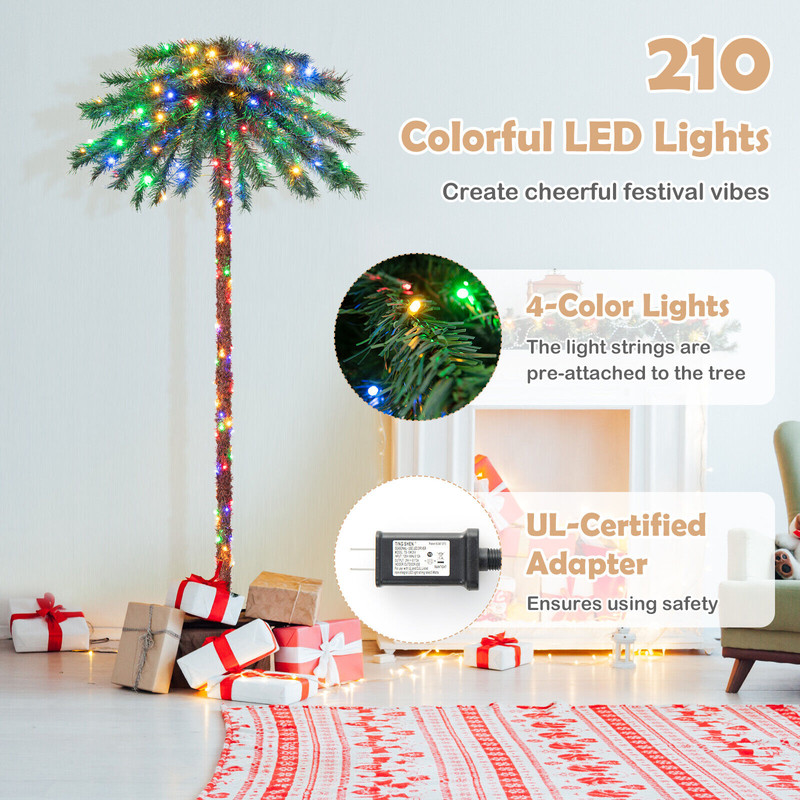 6 Feet Pre-Lit Artificial Tropical Christmas Palm Tree with 210 Multi-Color LED Lights, Festive Holiday Decor