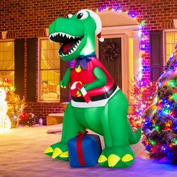 inflatable christmas decoration with led lights and waterproof blower, lighted holiday dinosaur yard display with gift