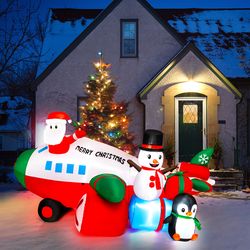 christmas inflatable santa on helicopter with penguin, lighted holiday yard decoration with led lights for outdoor lawn