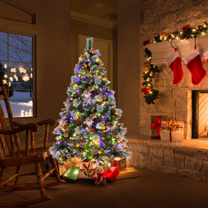 Pre-Lit Artificial Christmas Tree with Warm White and Multicolor LED Lights, Durable, Easy Setup Holiday Decor