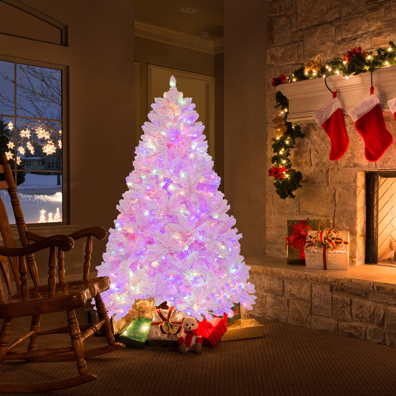 Hinged Flocked Pink Christmas Tree With Multicolor LED Lights PreLit Artificial Xmas Tree For Livin 1