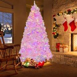 flocked artificial christmas tree with led lights and branches, lush pink tips & multi-mode lighting for home decor