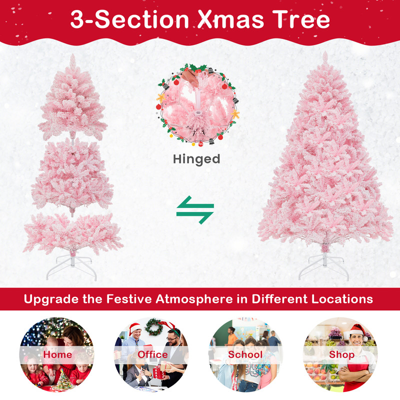 Hinged Flocked Pink Christmas Tree With Multicolor LED Lights PreLit Artificial Xmas Tree For Livin 4