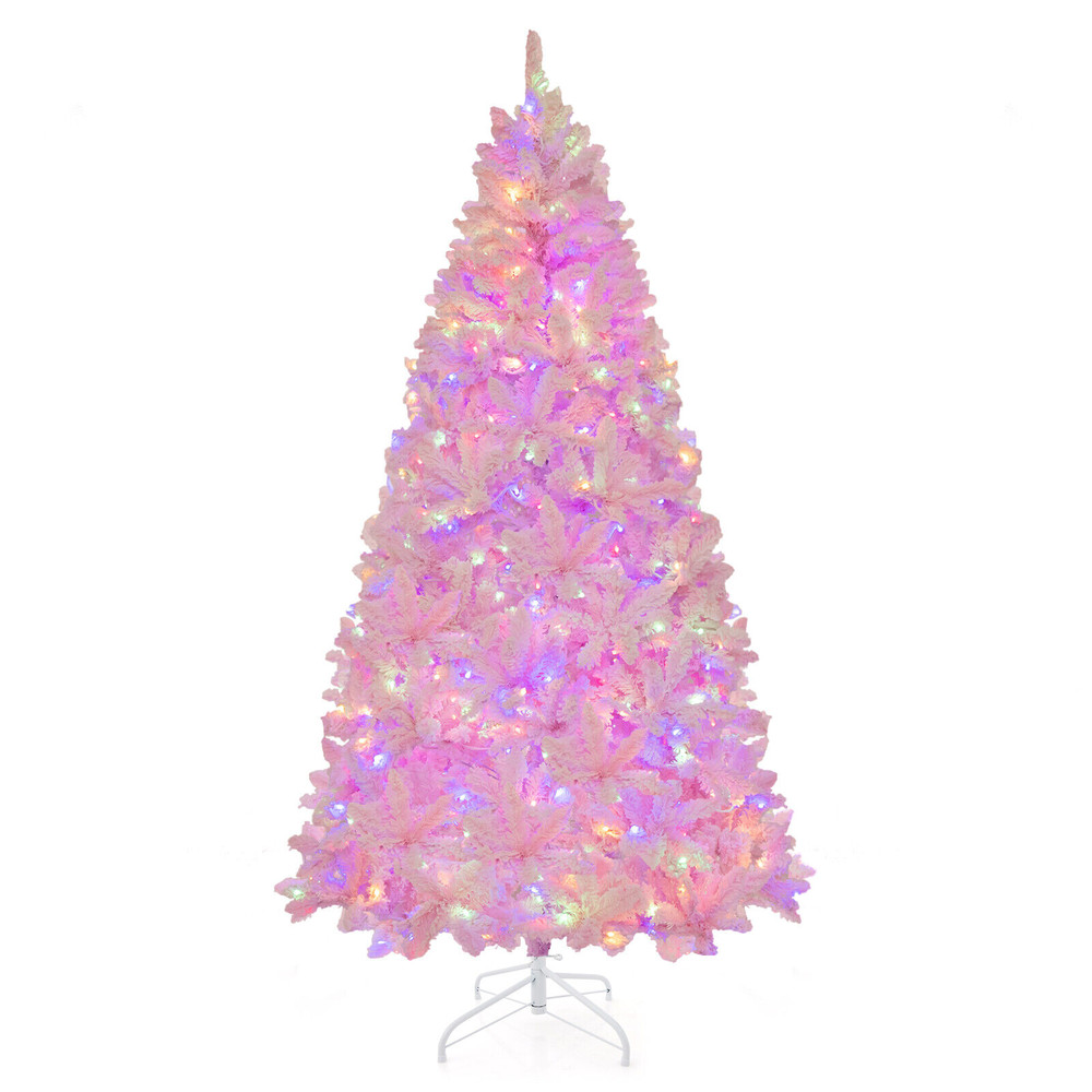 Flocked Artificial Christmas Tree with LED Lights and Branches, Lush Pink Tips & Multi-Mode Lighting for Home Decor
