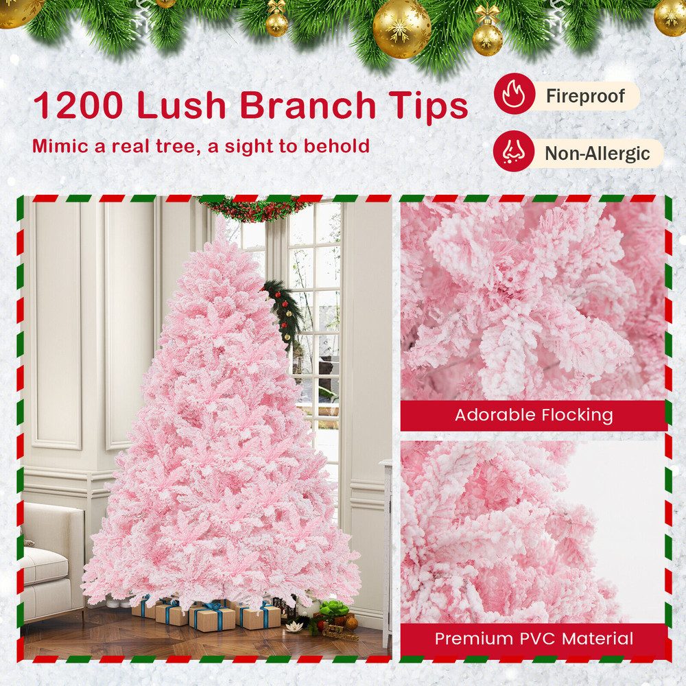 Flocked Artificial Christmas Tree with LED Lights and Branches, Lush Pink Tips & Multi-Mode Lighting for Home Decor