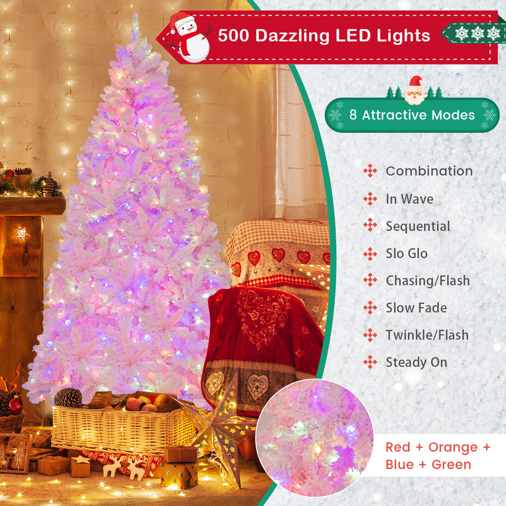 Flocked Artificial Christmas Tree with LED Lights and Branches, Lush Pink Tips & Multi-Mode Lighting for Home Decor