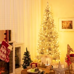 6/7 ft pre-lit artificial silver tinsel christmas tree with 790 branch tips & 300 led lights