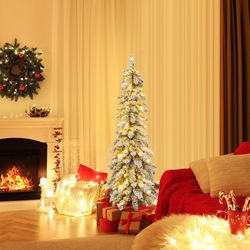 artificial snow-flocked pencil tree with lights, 4ft, 5ft, or 6ft slim xmas tree