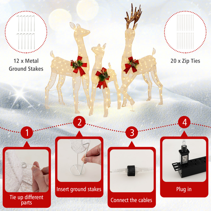 3Piece Prelit Christmas Reindeer Family With 230 Warm White LED Lights Outdoor Indoor Holiday Deco 2