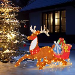 lighted 2d christmas reindeer and sleigh decoration with led lights for lawn, front door, yard, holiday display, home