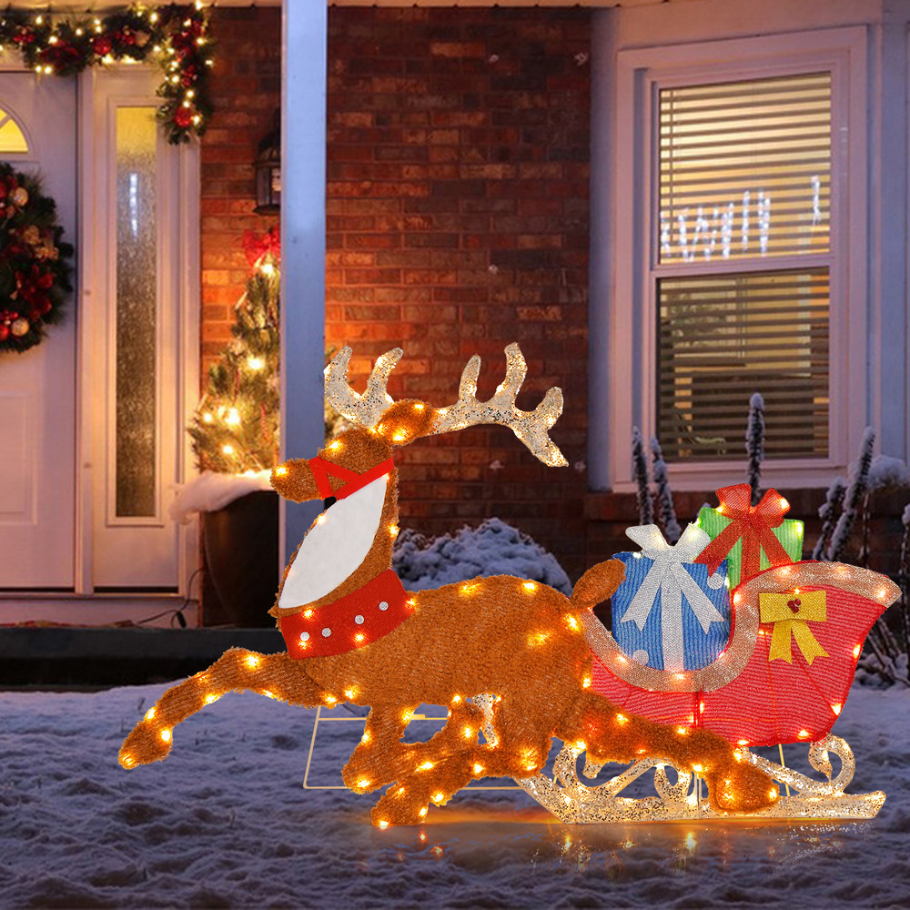 Lighted 2D Christmas Reindeer and Sleigh Decoration with LED Lights for Lawn, Front Door, Yard, Holiday Display, Home