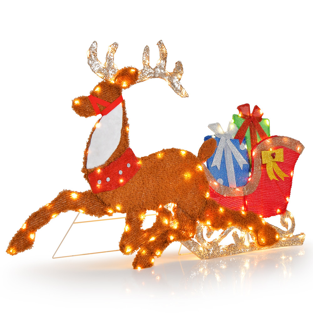 Lighted 2D Christmas Reindeer and Sleigh Decoration with LED Lights for Lawn, Front Door, Yard, Holiday Display, Home
