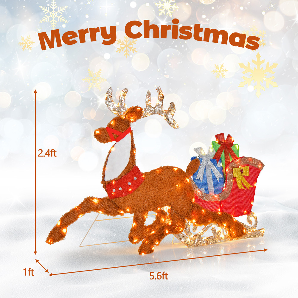 Lighted 2D Christmas Reindeer and Sleigh Decoration with LED Lights for Lawn, Front Door, Yard, Holiday Display, Home