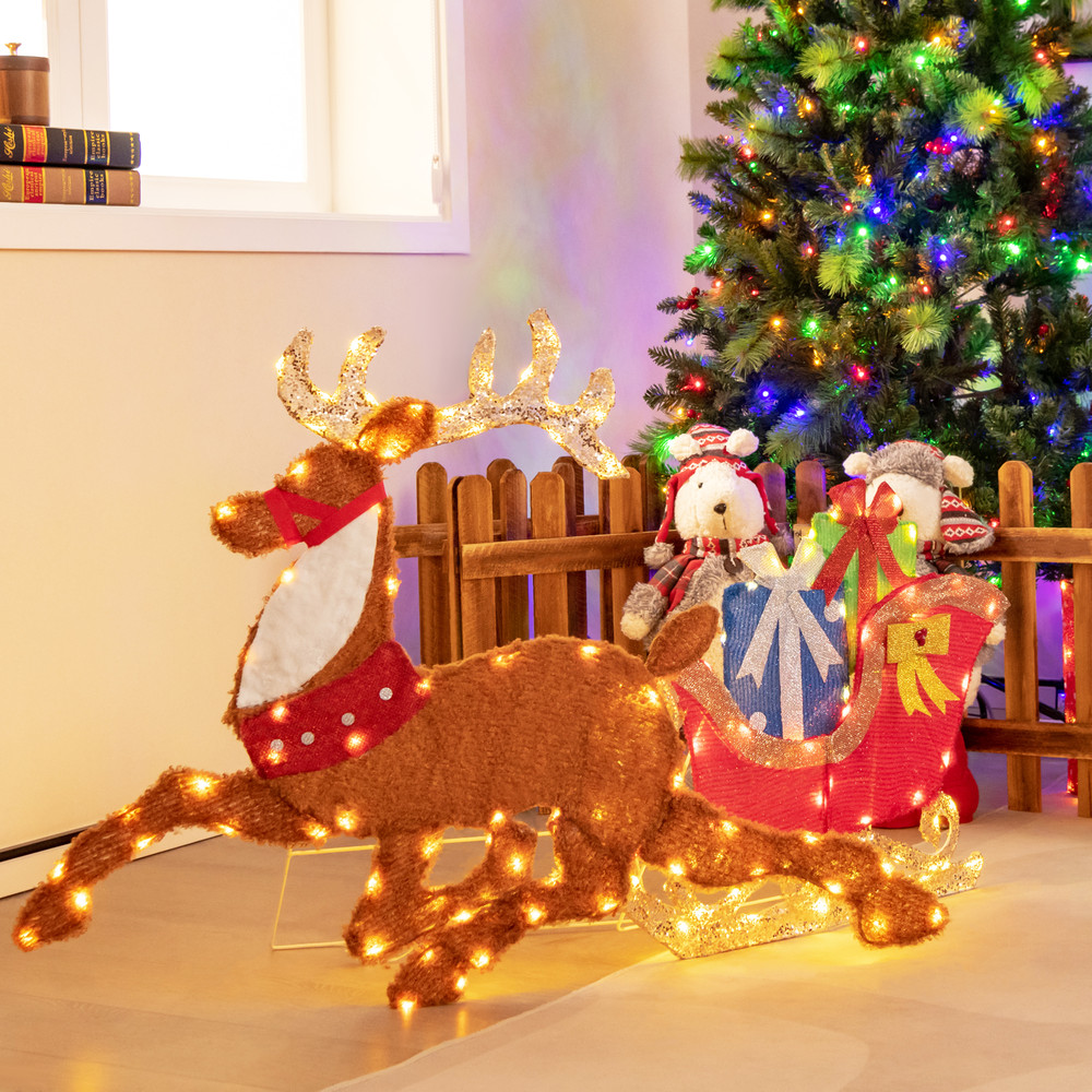 Lighted 2D Christmas Reindeer and Sleigh Decoration with LED Lights for Lawn, Front Door, Yard, Holiday Display, Home