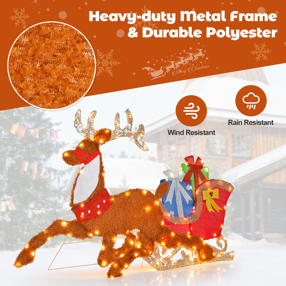 Lighted 2D Christmas Reindeer and Sleigh Decoration with LED Lights for Lawn, Front Door, Yard, Holiday Display, Home