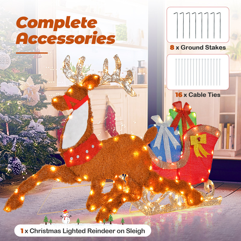 Lighted 2D Christmas Reindeer and Sleigh Decoration with LED Lights for Lawn, Front Door, Yard, Holiday Display, Home