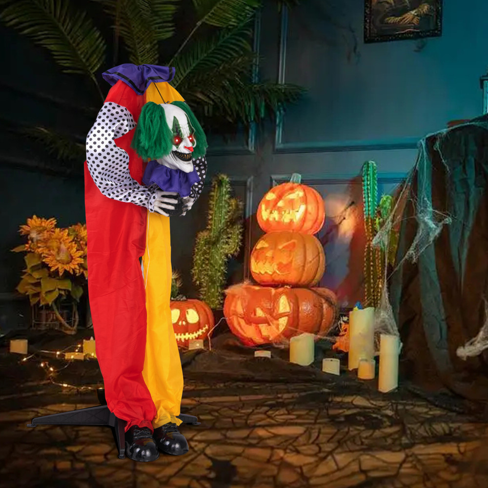 4.5FT Grins Animatronic Clown with Pre-Recorded Phrases, LED Eyes, Sound Activation, Creepy Halloween Prop for Yard