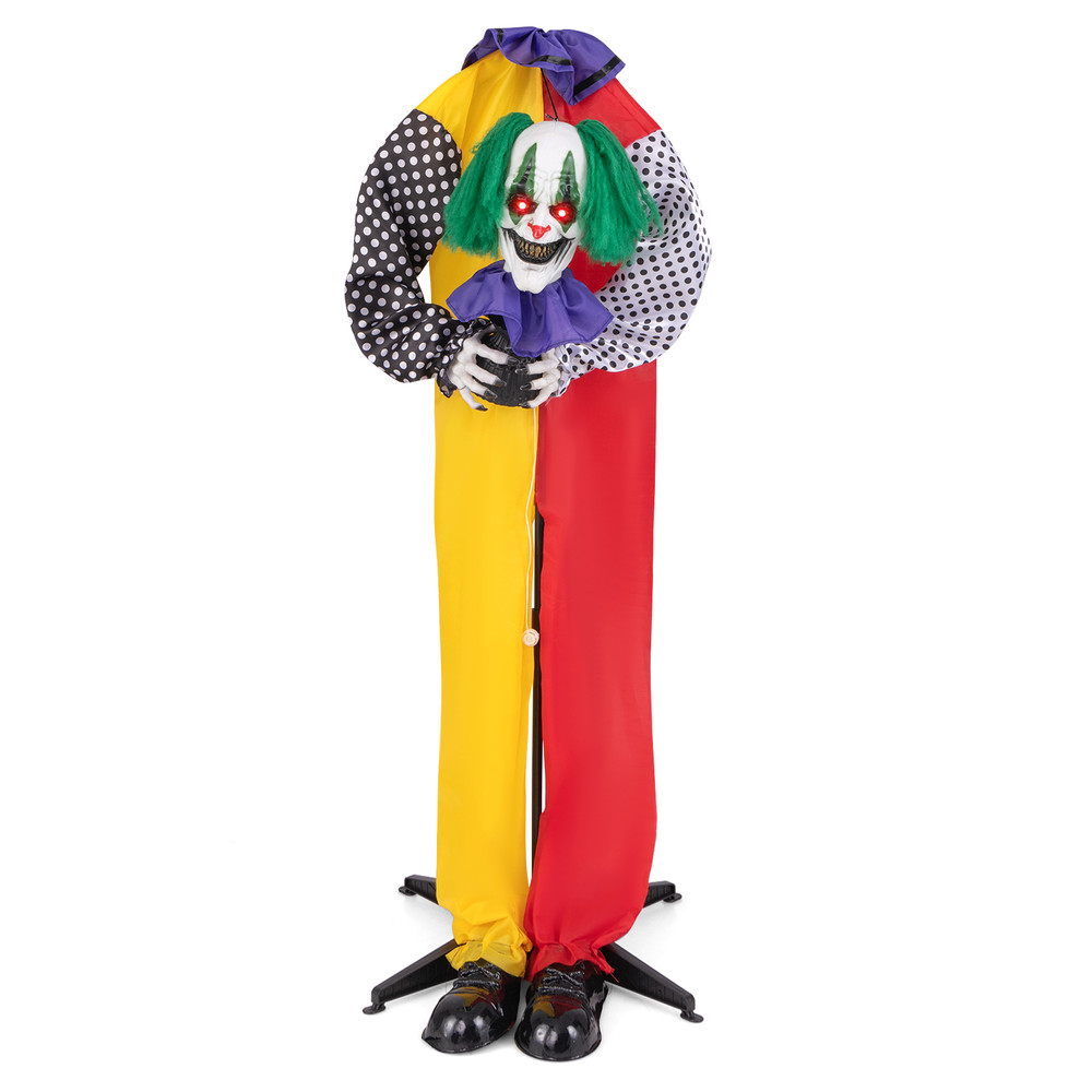 4.5FT Grins Animatronic Clown with Pre-Recorded Phrases, LED Eyes, Sound Activation, Creepy Halloween Prop for Yard