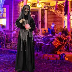 6ft halloween animatronic standing witch with light up eyes & magical ball, sound & motion activated