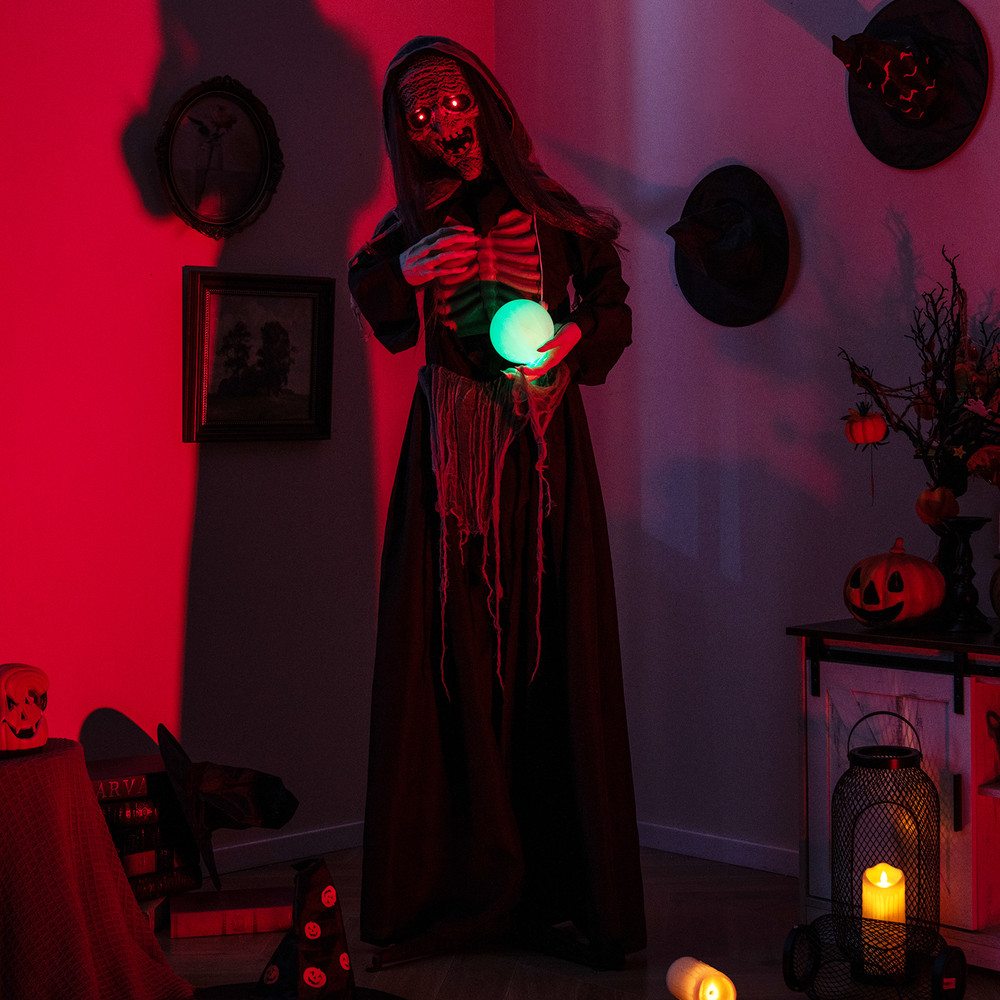 6FT Halloween Animatronic Standing Witch with Light Up Eyes & Magical Ball, Sound & Motion Activated