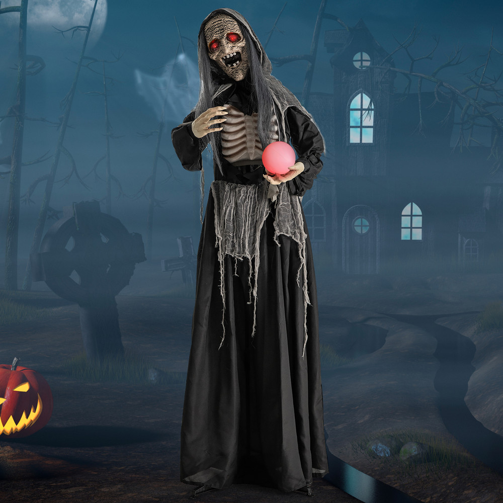 6FT Halloween Animatronic Standing Witch with Light Up Eyes & Magical Ball, Sound & Motion Activated
