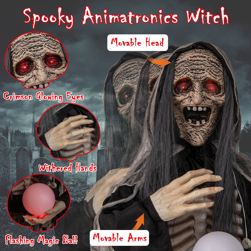 6FT Halloween Animatronic Standing Witch with Light Up Eyes & Magical Ball, Sound & Motion Activated