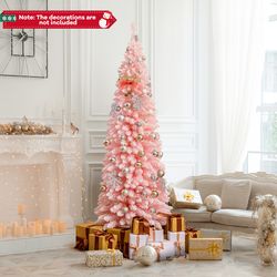 artificial pink christmas tree with branch tips, slim pencil flocked xmas tree for holiday home, office & party decor