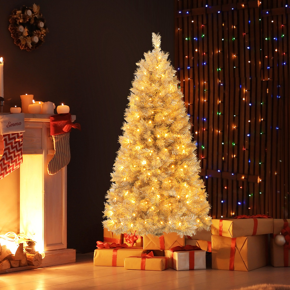 PreLit Artificial Christmas Tree With Warm LED Lights Silver Tinsel Xmas Tree For Home Party Holid 0