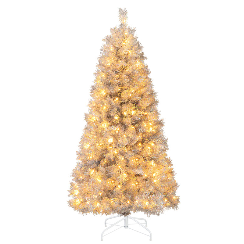 PreLit Artificial Christmas Tree With Warm LED Lights Silver Tinsel Xmas Tree For Home Party Holid 6